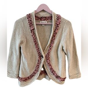 Coldwater Creek Beige Chunky-Knit Cardigan Pink Ruffle Trim Button Size XS 4-6